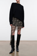 Quill-pattern midi skirt with irregular panels and high slit