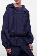 Dark blue hooded jacket with drawstring neckline and elastic cuffs