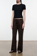 Dark brown pinstripe wide-leg jeans with tall rise