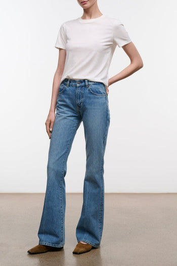 FRANKY flare jeans, medium blue denim, button-zip front and wide flared legs.