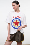 White relaxed graphic T-shirt with 'SUPER' star-in-circle chest print