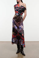Multicolor silk midi dress with off-shoulder neckline and fitted draped bodice