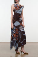 AMARIS dress: sleeveless printed maxi dress in dark brown, blue, and orange tones