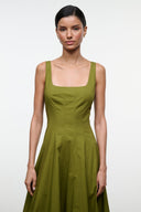 Olive green fitted sleeveless dress with square neckline and gathered flared skirt