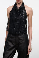 Black beaded halter bodysuit with high neckline and sleeveless cut