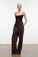 Brown silk camisole top with lace-trim bust and thin spaghetti straps