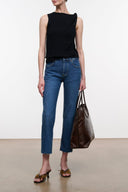 Black sleeveless cropped teddy top with raw hem edge