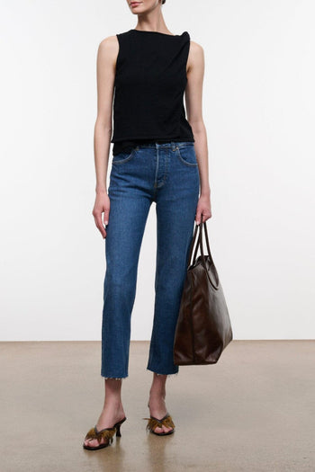 Black sleeveless cropped teddy top with raw hem edge