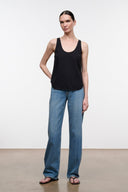 Black scoop-neck tank top, sleeveless with straight hem