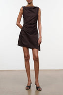 Earth brown sleeveless mini dress with gathered neckline and asymmetrical drape hem