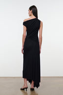 Back view: black ruched one-shoulder dress with diagonal drape