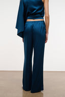 Blue silk wide-leg pant with elastic waistband gathered at top
