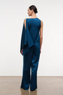 Blue draped silk top, back view with cowl neck and layered asymmetric hem