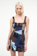LE SABLE sleeveless mini dress, geometric blue patchwork squares, square neckline
