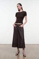 Dark brown leather culottes with low-rise waistband and wide-leg cropped hem, front view.
