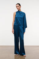 Blue silk wide-leg pant with high-rise elastic waist and long straight legs