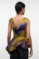 Sleeveless silk top, open V-back with multicolor stripe panels in blue, gold, and brown