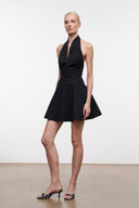 Black halter mini dress with deep V front and flared hem, sleeveless