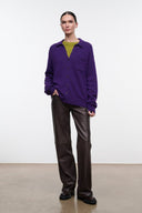 Purple cashmere button-front cardigan with collar and chest pocket, full length view
