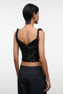Black silk top with ruched shoulder straps and square open back