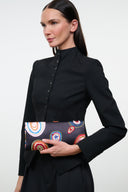 Black clutch with colorful paisley embroidery and top zipper, Millefiore 2.0 pattern.