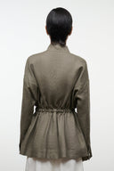 Olive linen back view jacket with gathered peplum hem and stand collar