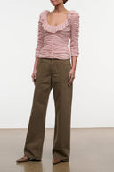 Relaxed olive jeans with straight wide legs and front pockets, zipper fly
