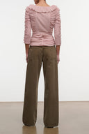 Relaxed olive jeans back view with straight wide legs and waistband yoke