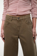 Relaxed olive jeans close-up of waistband, button, and front pocket