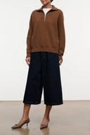 Indigo denim culotte jeans, high rise with wide legs and contrast topstitching