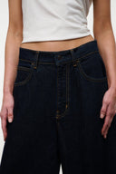 Indigo denim culotte jeans with button fly, belt loops and inner waistband