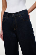 Indigo wide-leg jeans with button closure, belt loops, and coin pocket