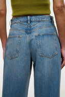 Archive denim jeans, light blue wash, back patch pockets, straight wide leg