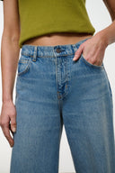 Archive denim jeans, light blue wash, mid-rise, straight wide leg