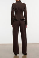 Dark brown high-rise jeans with back pockets and relaxed straight leg
