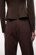 Dark brown high-rise jeans with two front patch pockets, straight leg