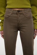 Straight jeans close-up in dark brown, waistband and front pocket detail
