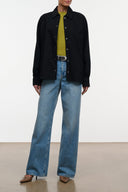 Black shirt jacket with pointed collar and button-front, long sleeves