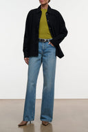 Black shirt jacket with pointed collar, button closure, long sleeves