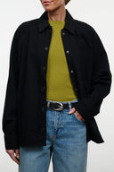 Black shirt jacket with buttoned placket and pointed collar, long sleeves