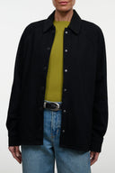 Black shirt jacket with pointed collar and button-front, long sleeves