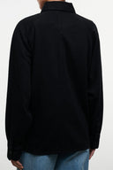 Black shirt jacket back view with pointed collar and full-length sleeves