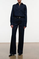 Indigo denim shirt jacket with button front and pointed collar, long sleeves
