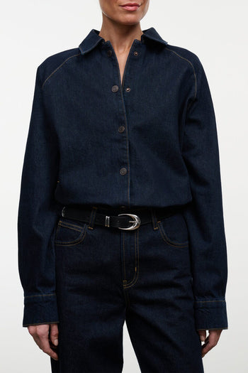 Indigo denim shirt jacket with button placket, pointed collar, long sleeves