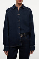 Indigo denim shirt jacket with button front, pointed collar, chest patch pocket
