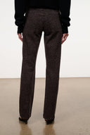 Straight leg dark brown leopard-print jeans with button front, mid-rise and belt loops