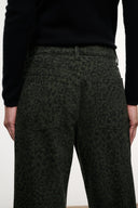 Relaxed-fit jeans waistband and yoke, dark leopard print, back pockets, belt loops