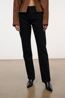 Jet black straight jeans with relaxed leg opening and no distressing visible.