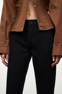 Jet black straight jeans with button closure, belt loops, and coin pocket.