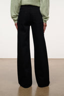 Black wide-leg jeans with long straight silhouette and deep front pockets